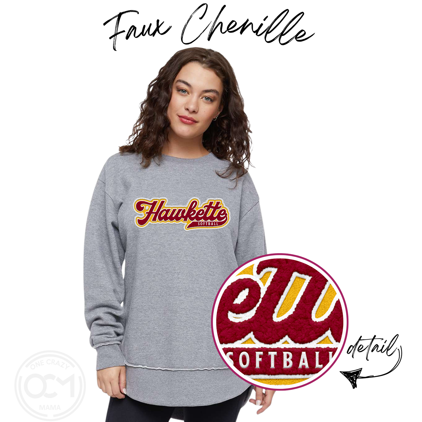 Ladies - Faux Chenille LAT Crewneck- (Ankeny Hawkette Softball)