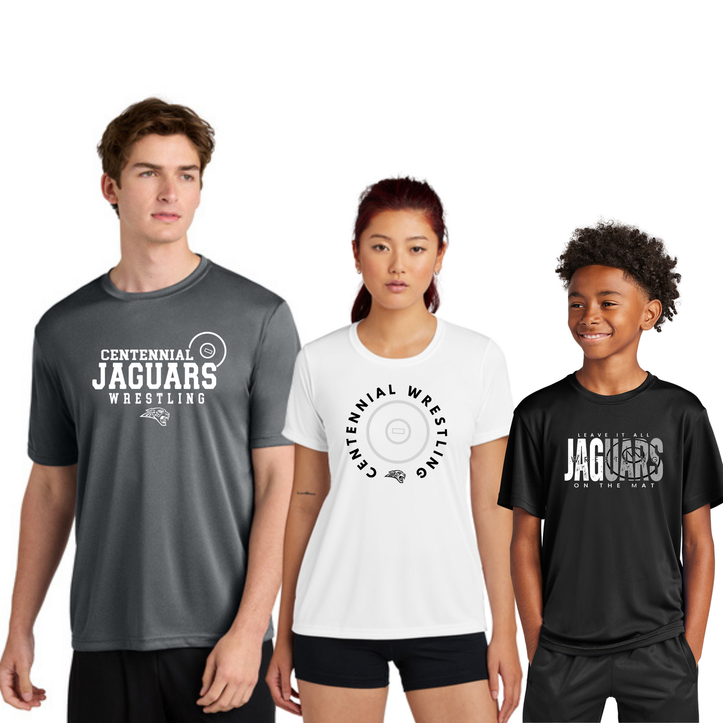 Adult, Ladies & Youth - (5 Designs) - Unisex Dri-Fit Tee - (Centennial Jaguar Wrestling)