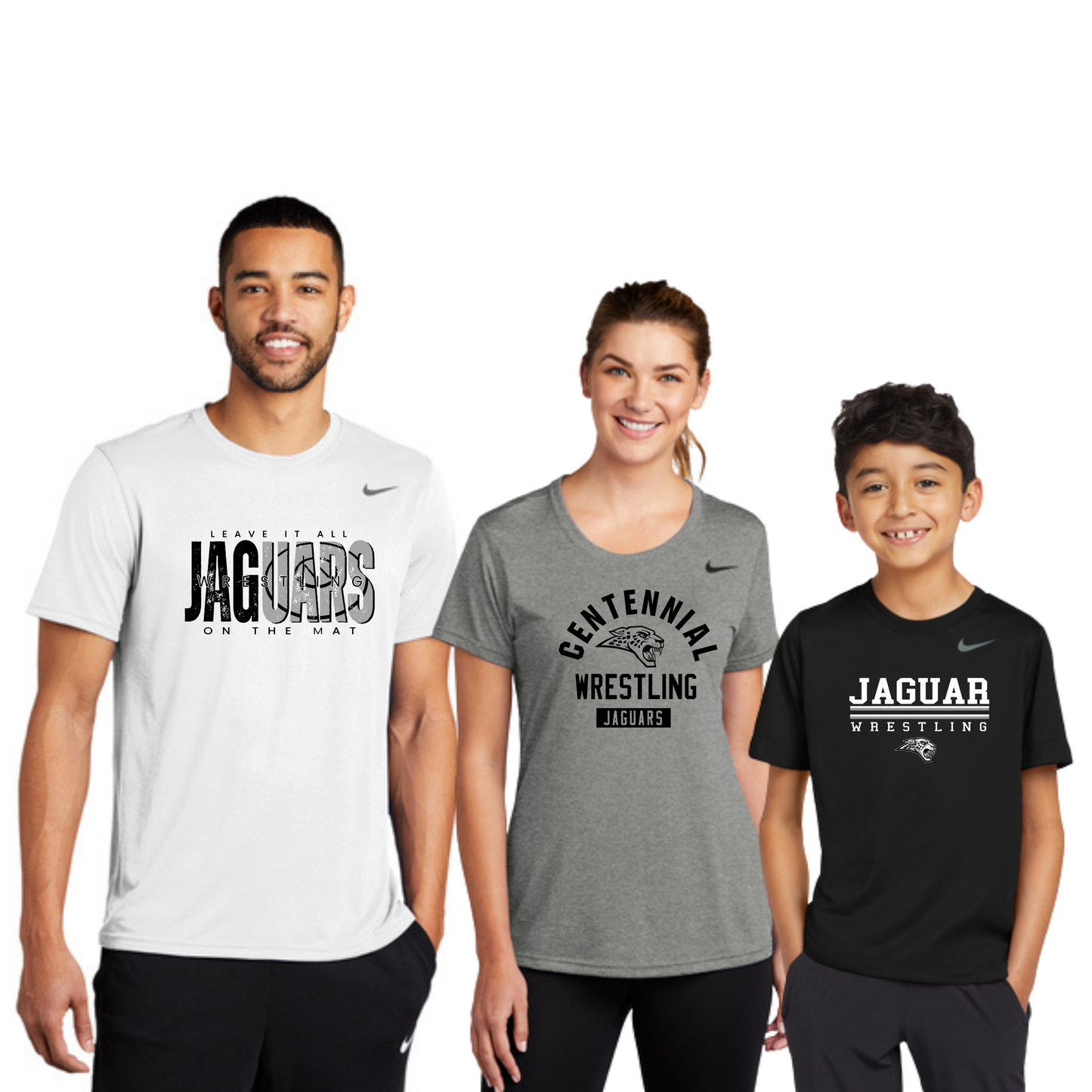 Adult, Ladies & Youth - (5 Designs) Nike Legend Dri Fit Tee - (Centennial Jaguar Wrestling)