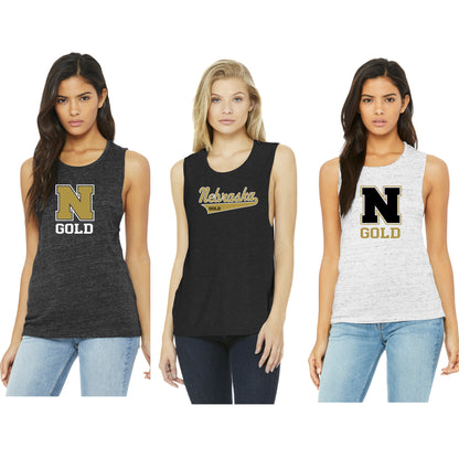 Ladies - Flowy Muscle Tank - (Nebraska Gold)