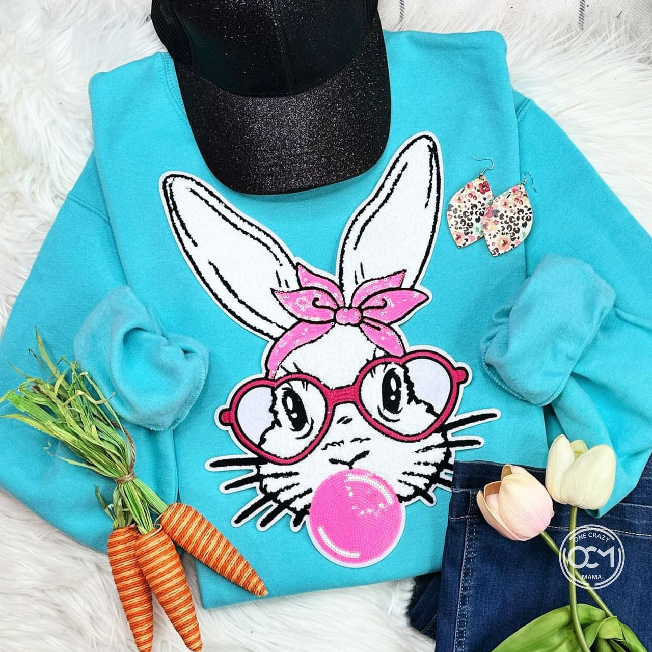 Bunny with Glasses Chenille Patch - Adult Unisex Crewneck Sweatshirt