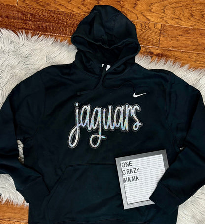 Ladies & Adult -SEQUIN PATCH- Nike Club Pullover Fleece Hoodie or Crewneck- (Centennial Jaguars Collection)