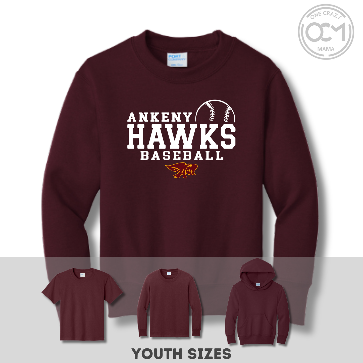 Youth - Multiple Apparel Options (Ankeny Hawks Baseball)