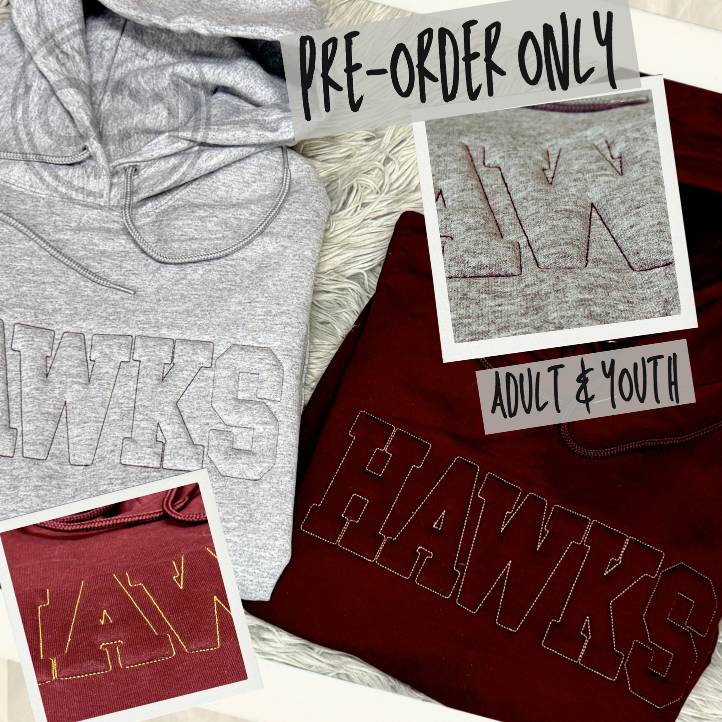 Available Now - Ankeny Hawks -  Embossed Embroidered Hoodie (Grey & Maroon -Lg)