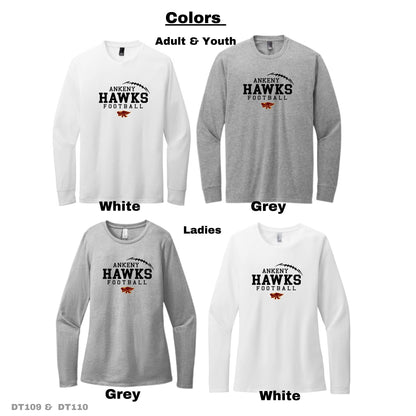 Adult, Ladies & Youth -District Long Sleeve Tee + Tall sizes (Ankeny Hawks Football 2024)