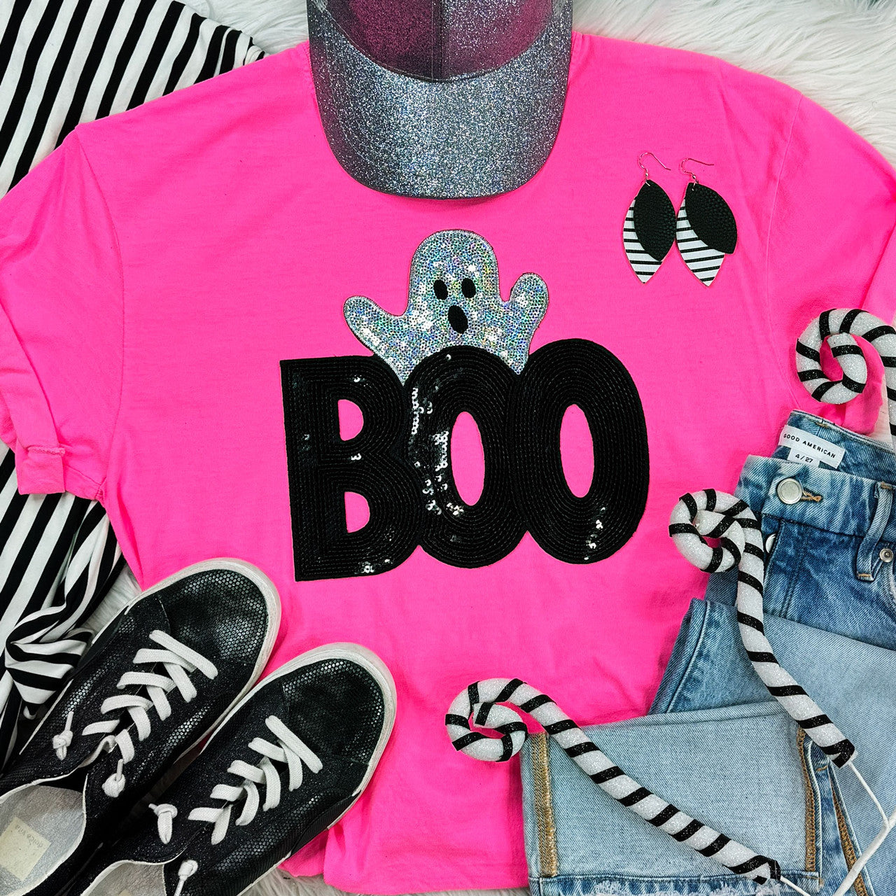 Adult - Boo Sequin Ghost Patch Tees & Sweatshirts (Comfort Colors)