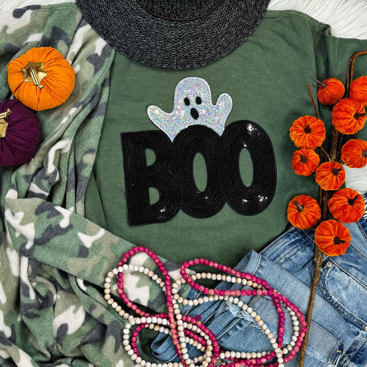 Adult - Boo Sequin Ghost Patch Tees & Sweatshirts (Comfort Colors)