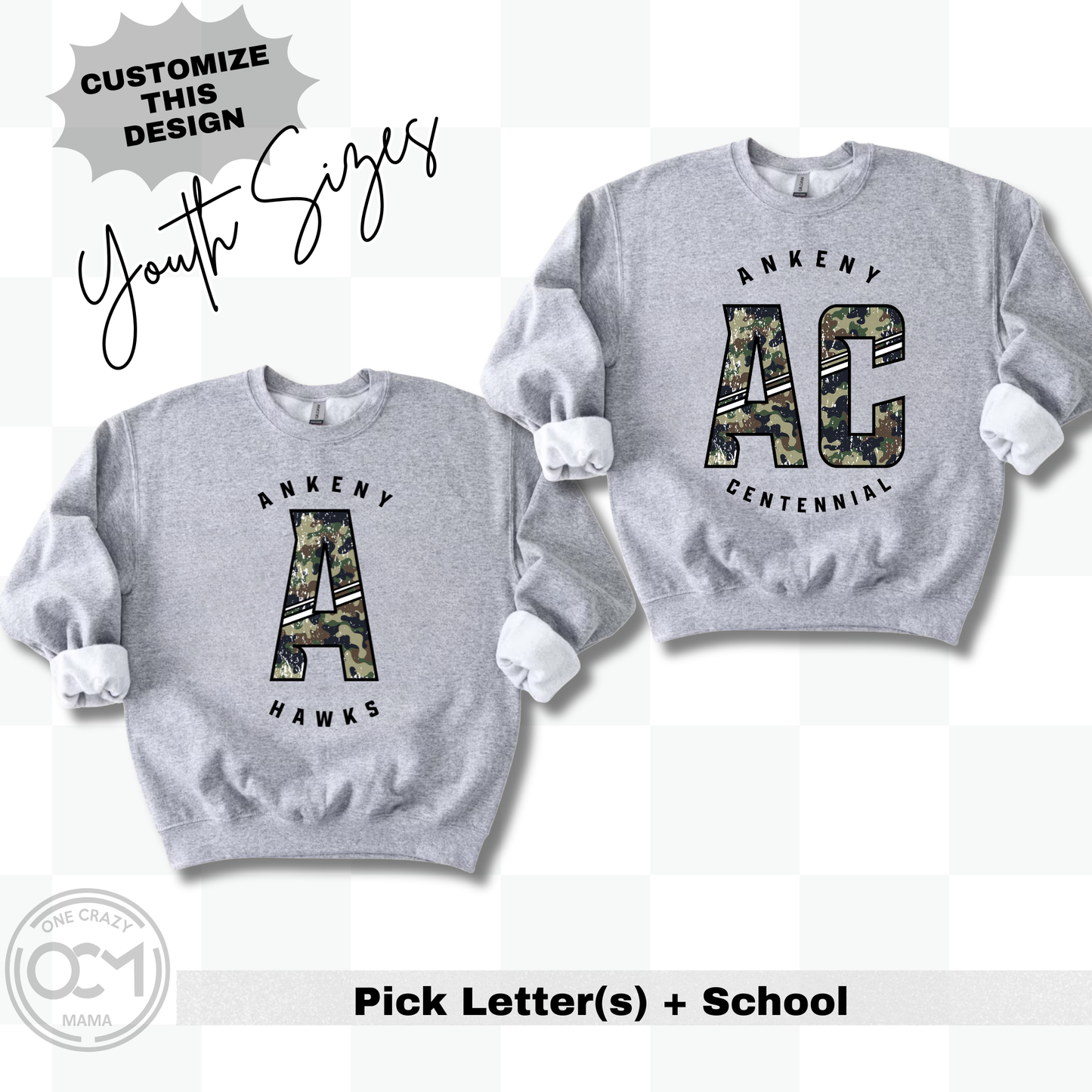 Youth - Custom Camo Letter(s) + School (Custom Apparel)