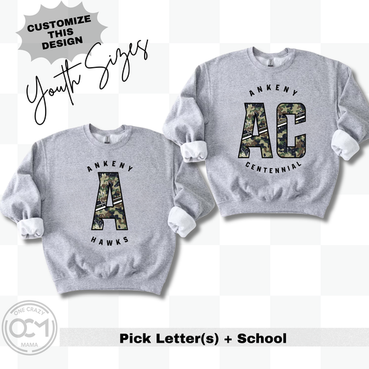 Youth - Custom Camo Letter(s) + School (Custom Apparel)