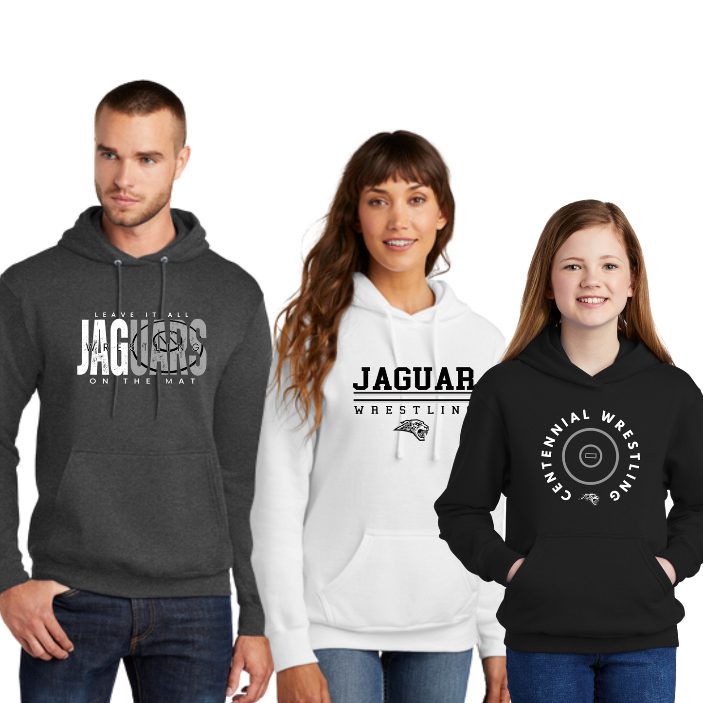 Adult, Ladies & Youth - (5 Designs) Fleece Hooded Sweatshirt - (Centennial Jaguar Wrestling)