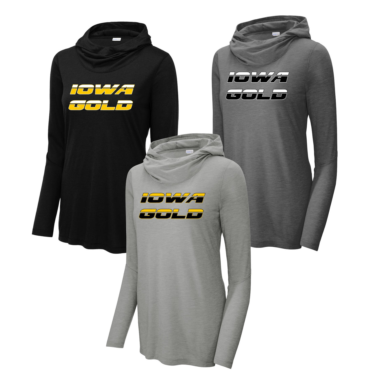 Ladies - PosiCharge ® Tri-Blend Wicking Long Sleeve Hooded Tee (Iowa Gold Propsects)